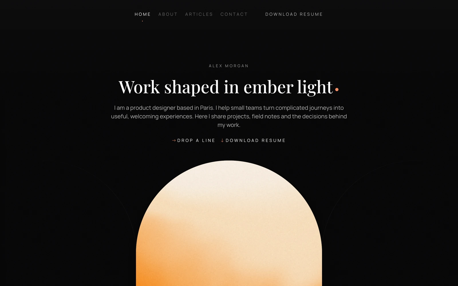 Ember portfolio homepage with an introduction and recent articles.